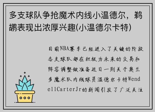多支球队争抢魔术内线小温德尔，鹈鹕表现出浓厚兴趣(小温德尔卡特)